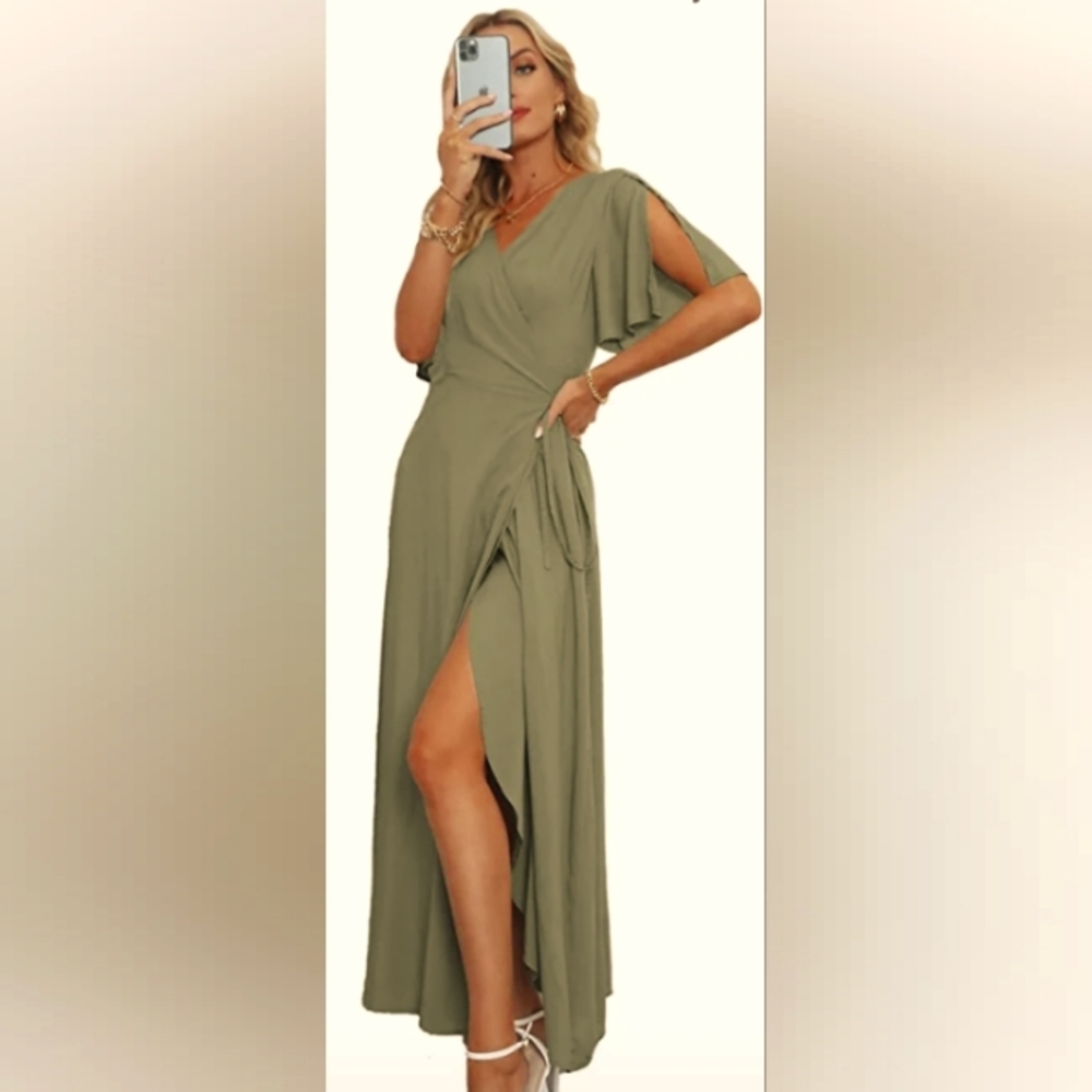 Women Summer V Neck Short Sleeve Split Wrap Maxi Dress Waist Tie Casual